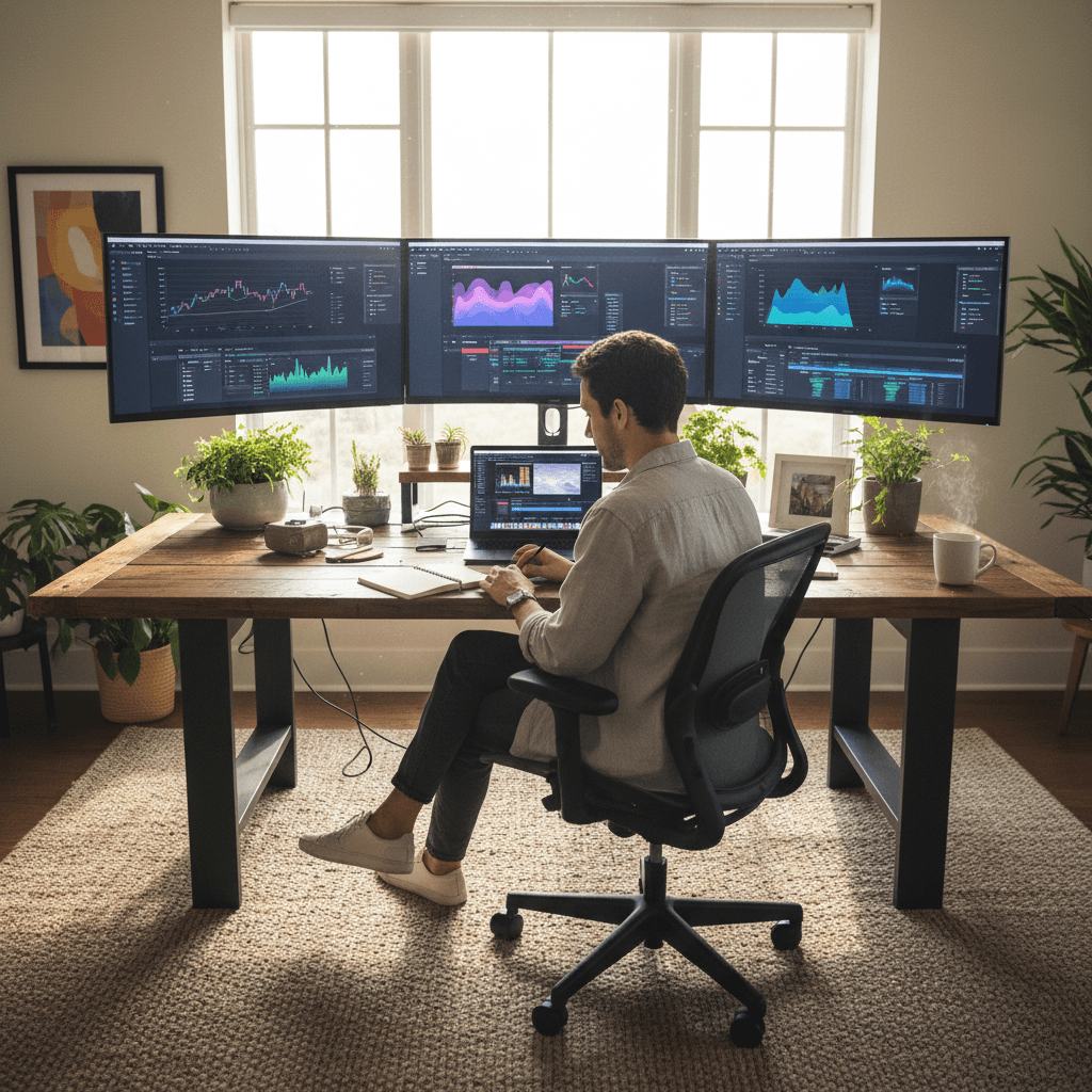 Content creator workspace with viral content creation tools and analytics