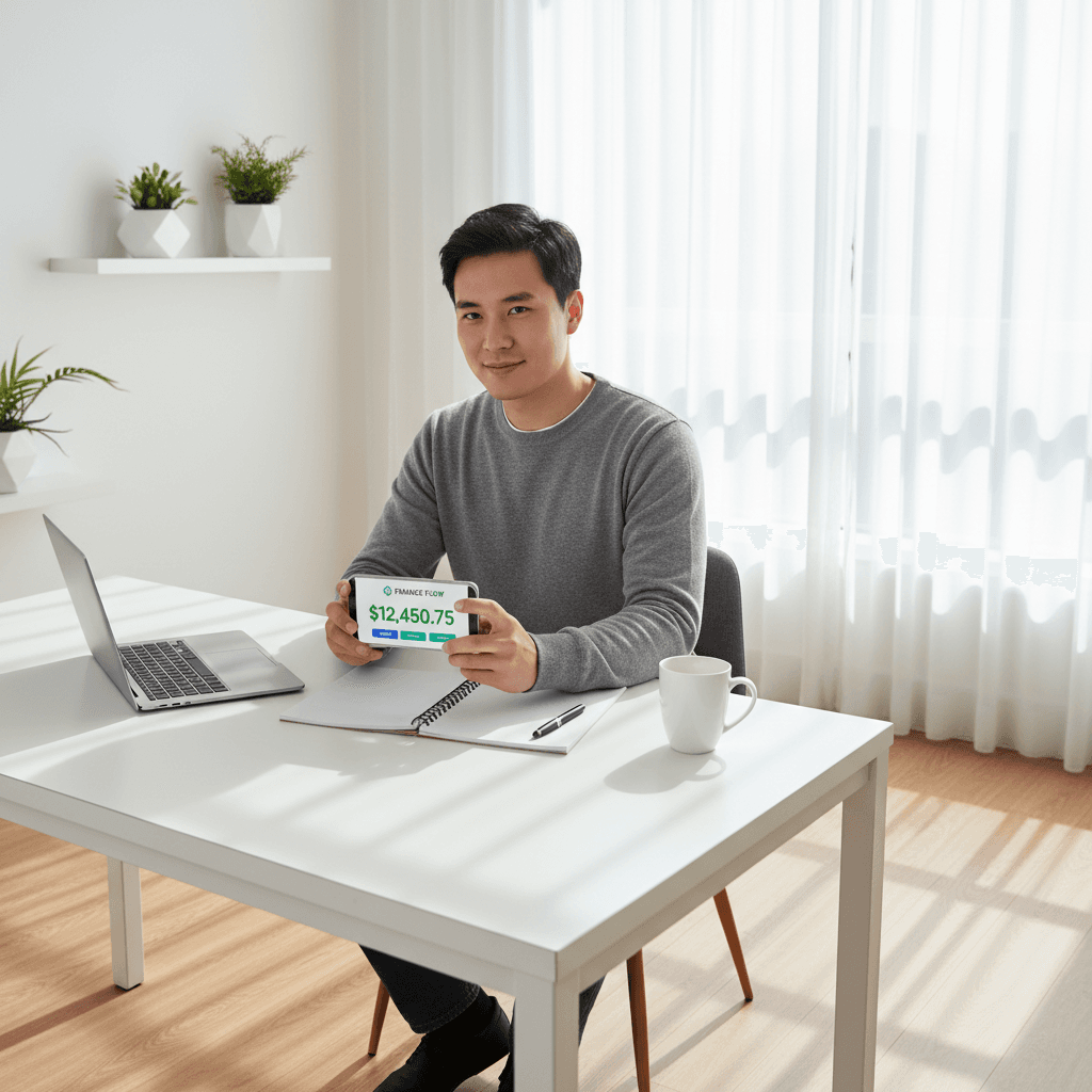 Person engaging with digital product for independence and self-improvement