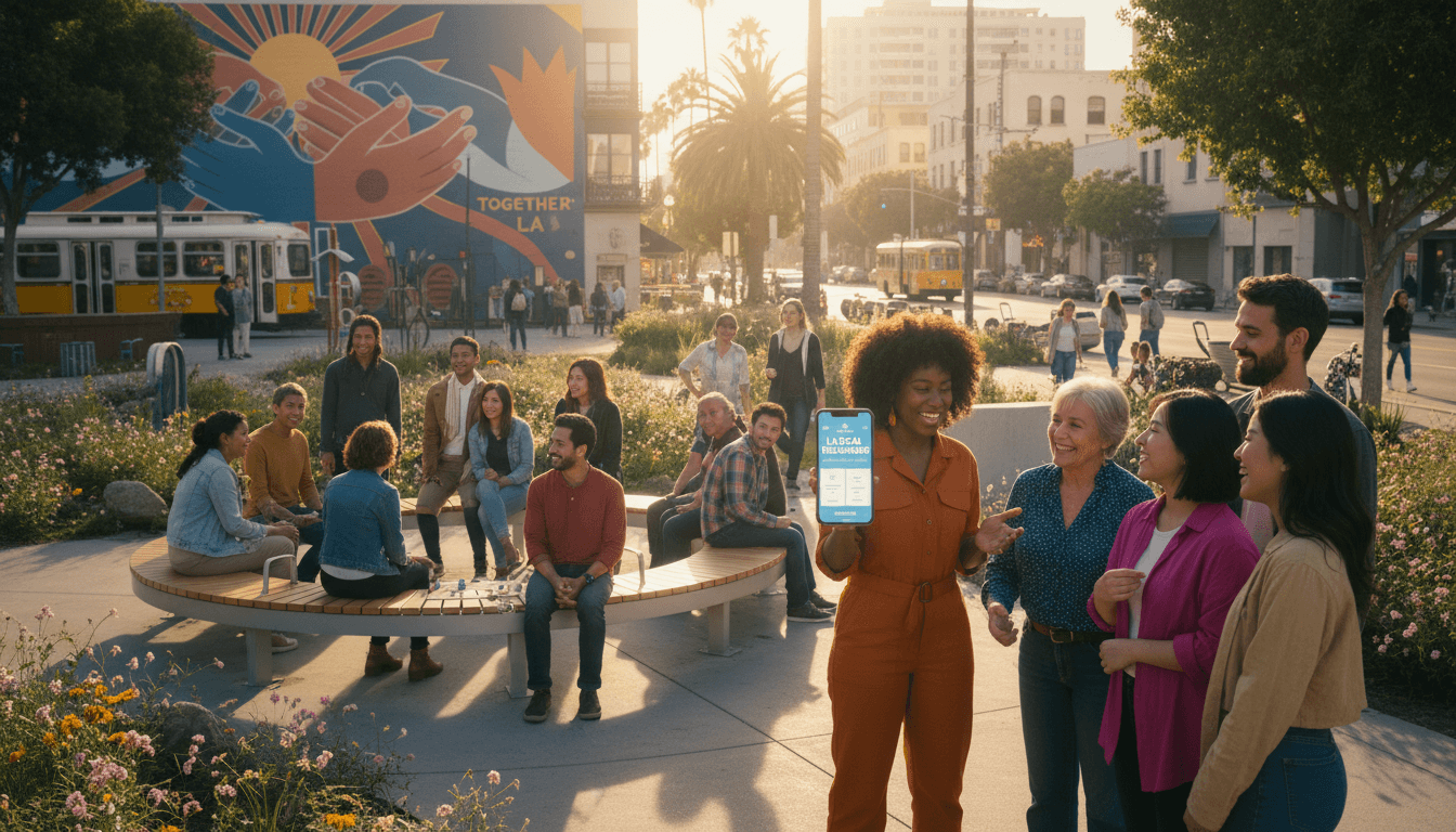 Diverse group of people in Los Angeles community space, connecting and accessing resources together