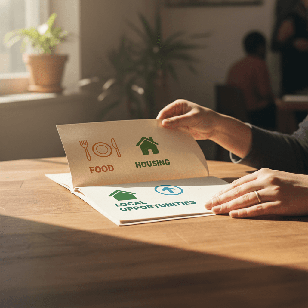 Person holding free resource guide for food and local opportunities