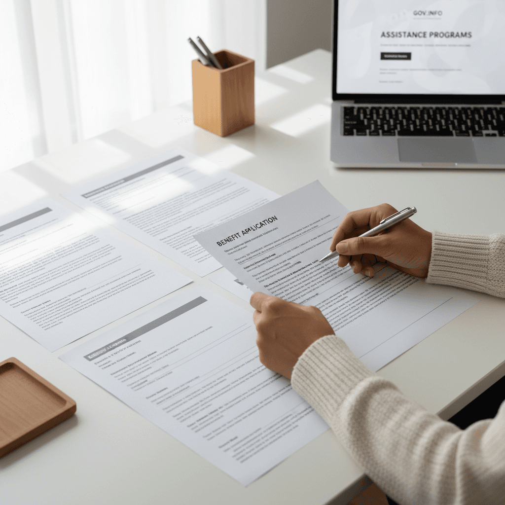 Close-up of government benefits guide page with completed checklist and pen