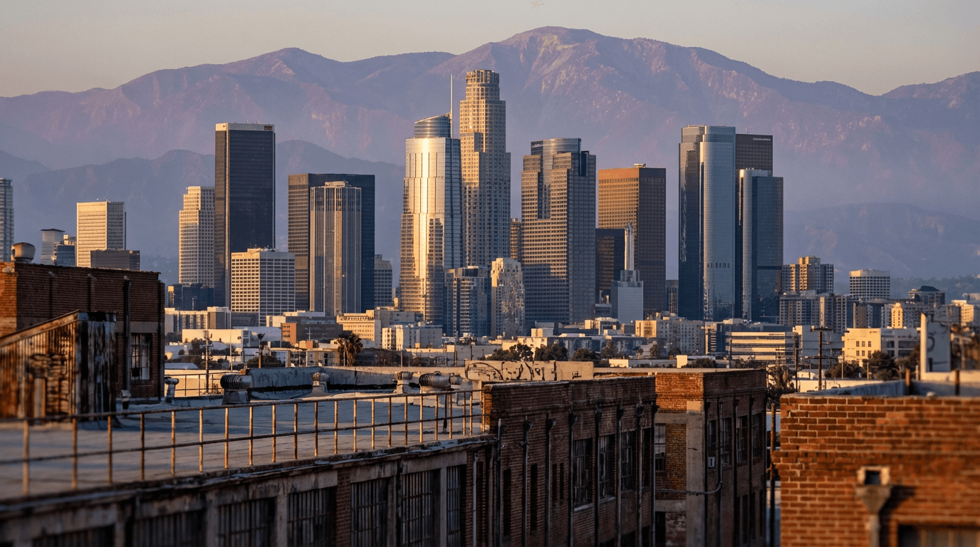 Person overlooking Los Angeles cityscape at sunset, representing transformation and new beginnings