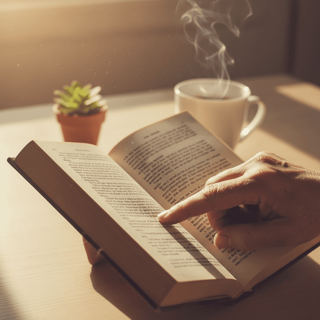 Hands holding an open food and resources guide on a wooden table with natural light
