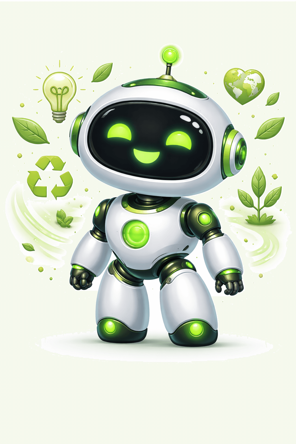 Friendly green-accented robot smiling amidst environmental icons like recycling, leaves, and a heart-shaped earth.